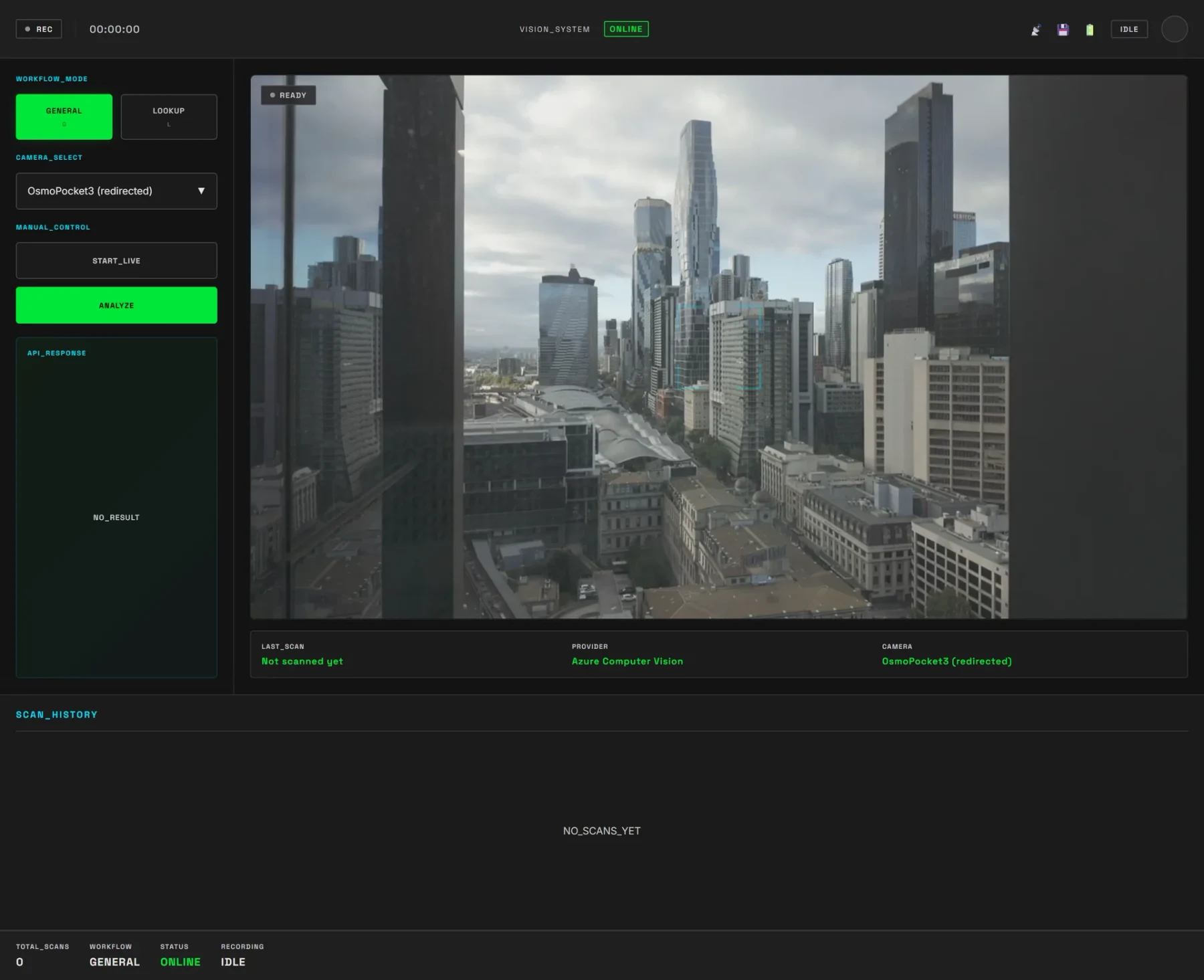 Video feed in idle state — no object detected, bounding box absent