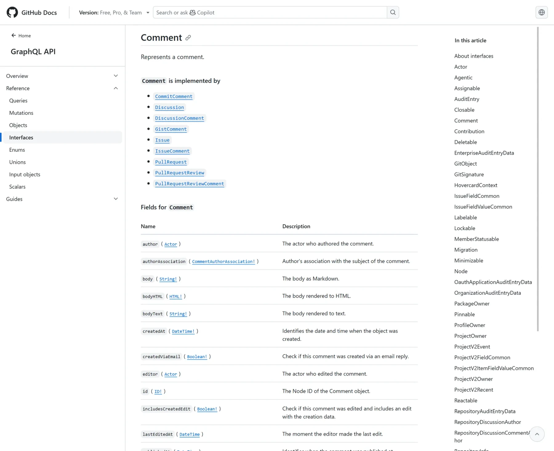 GitHub schema documentation showing `author` declared as `Actor`