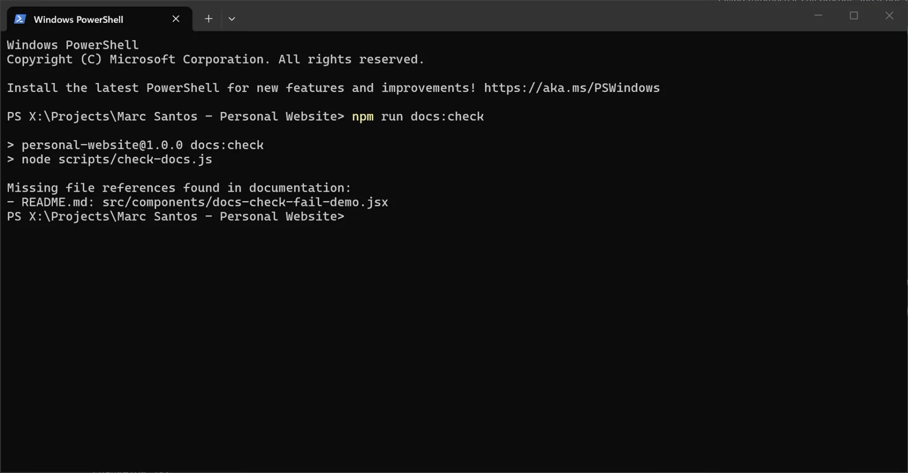Failing docs check output showing a missing file reference