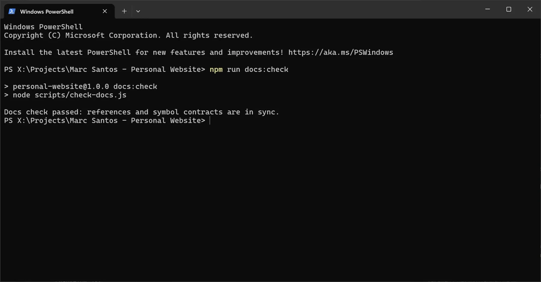 Passing docs check output with synced references and symbol contracts