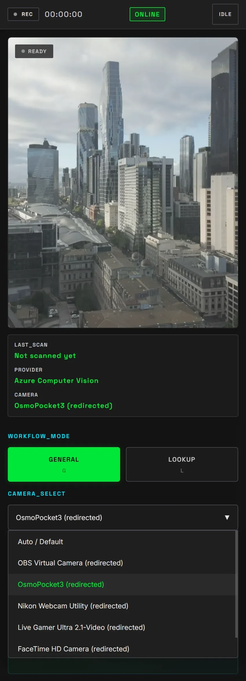Camera toggle UI and idle video feed on mobile — no object detected yet