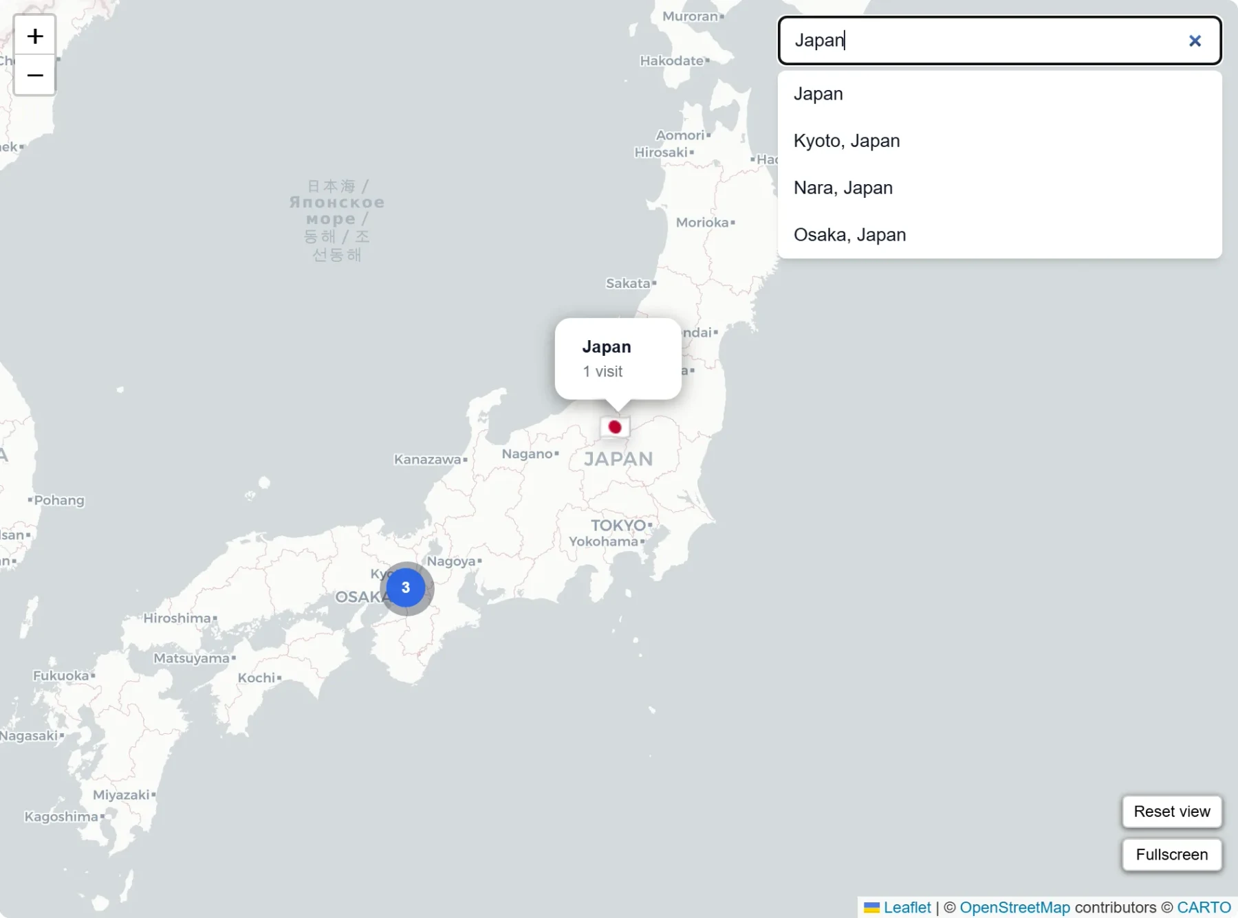 Search panel open with location suggestions
